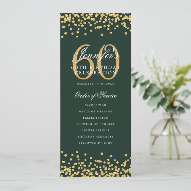 60th Birthday Program Gold Confetti Menu Green (Standing Front)