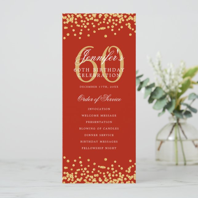 60th Birthday Program Gold Confetti Menu Red  (Standing Front)