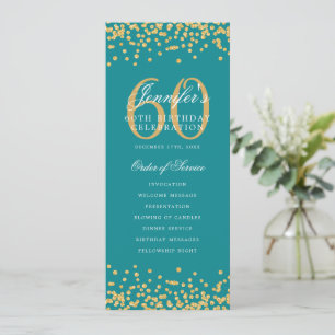 60th Birthday Program Gold Confetti Menu Teal 