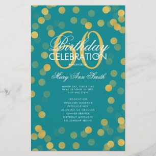 60th Birthday Program Gold Confetti Menu Teal
