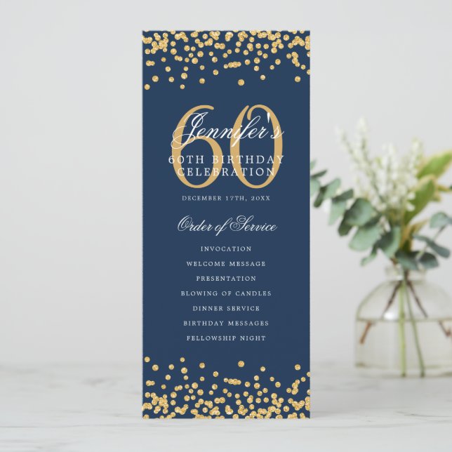 60th Birthday Program Gold Navy Blue Confetti (Standing Front)