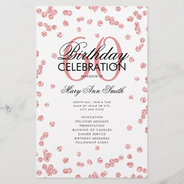 60th Birthday Program Rose Gold Glitter w/ Menu (Front)