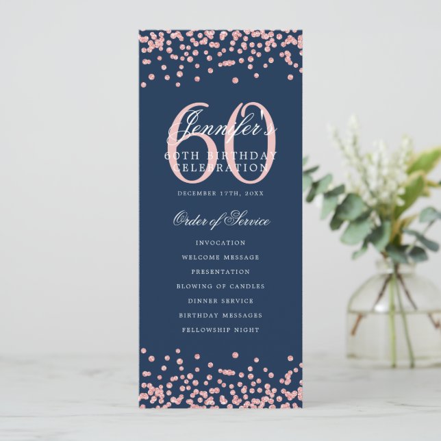 60th Birthday Program Rose Gold Menu Navy Blue  (Standing Front)