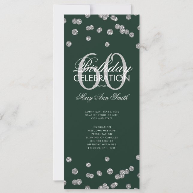 60th Birthday Program Silver Glitter w/ Menu Green (Front)
