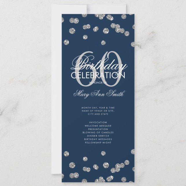 60th Birthday Program Silver Glitter w/ Menu Navy  (Front)