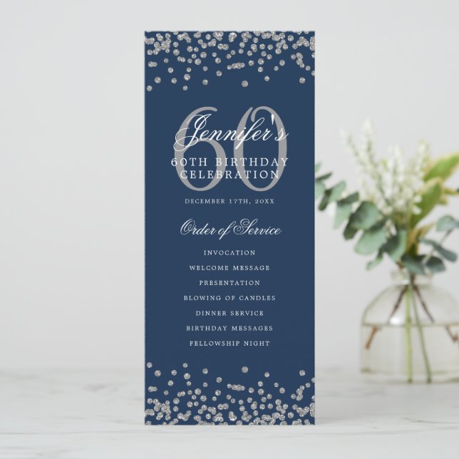 60th Birthday Program Silver Menu Navy Blue  (Standing Front)