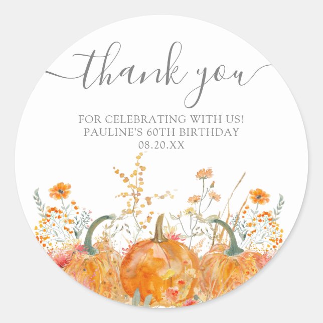 60th Birthday Pumpkin Wildflower Custom Thank You Classic Round Sticker (Front)