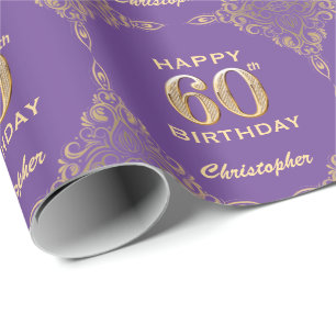 60th Birthday Purple and Gold Glitter Frame Wrapping Paper