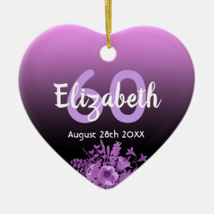 60th birthday purple black floral name ceramic ornament