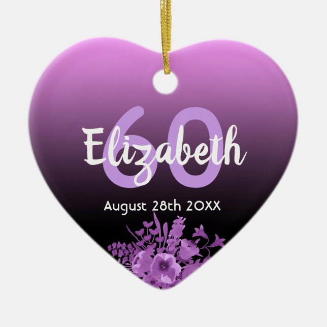 60th birthday purple black floral name ceramic ornament (Front)