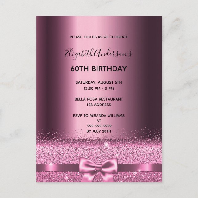 60th birthday purple burgundy glitter invitation postcard (Front)