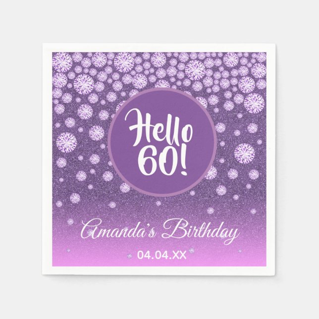 60th birthday purple glitter hello 60 diamonds napkin (Front)