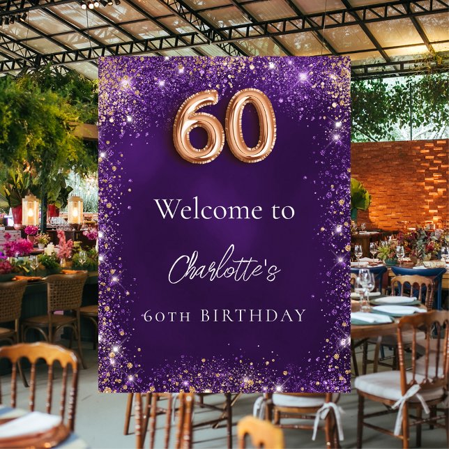 60th birthday purple glitter sparkles welcome poster (Creator Uploaded)