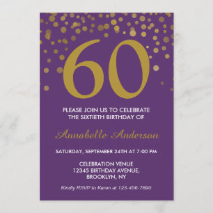 60th Birthday Purple Gold Confetti Modern Elegant Invitation