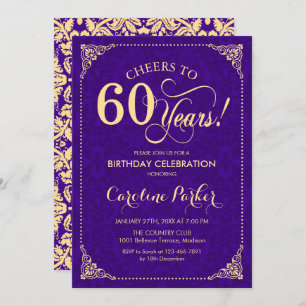 60th Birthday - Purple Gold Damask Invitation