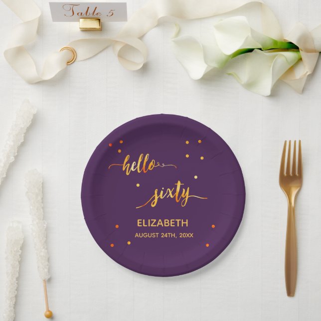 60th birthday purple gold typography script paper plate (Wedding)