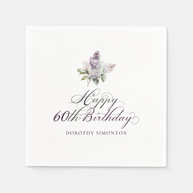 60th Birthday Purple Lilac Spring Flower Cocktail Napkin (Front)