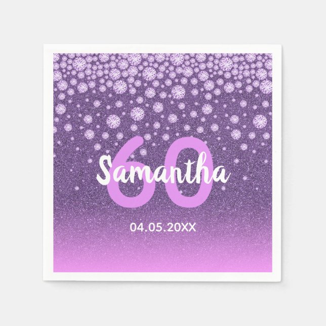 60th birthday purple pink glitter diamonds name napkin (Front)