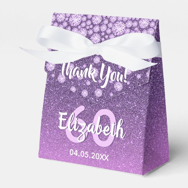 60th birthday purple pink glitter thank you favour box (Front Side)