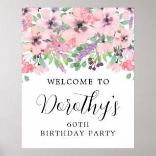 60th Birthday Purple Pink Wildflower Welcome Sign