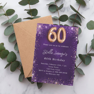60th Birthday purple rose gold luxury Invitation