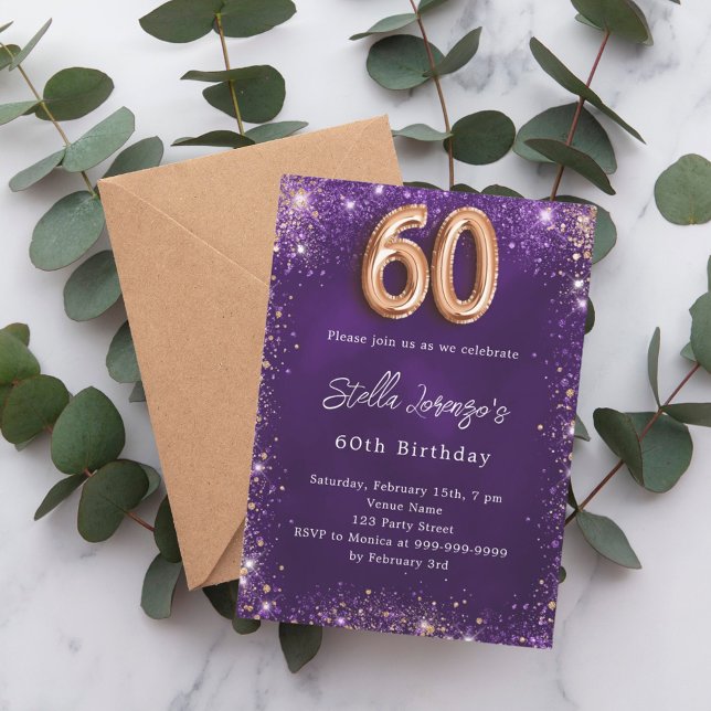 60th Birthday purple rose gold luxury Invitation (Creator Uploaded)