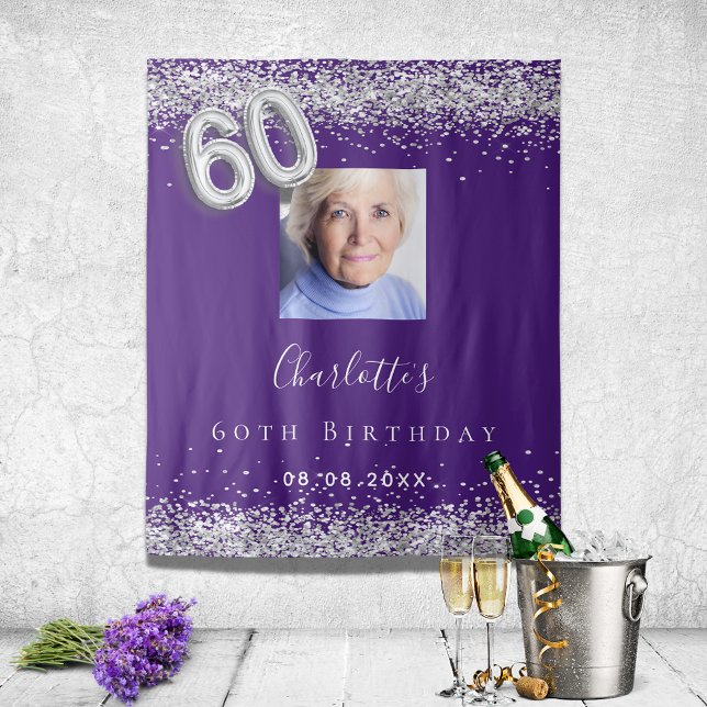 60th birthday purple silver photo glitter welcome tapestry (Creator Uploaded)
