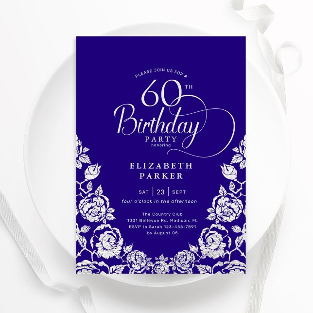 60th Birthday Purple Silver Roses Invitation (Creator Uploaded)