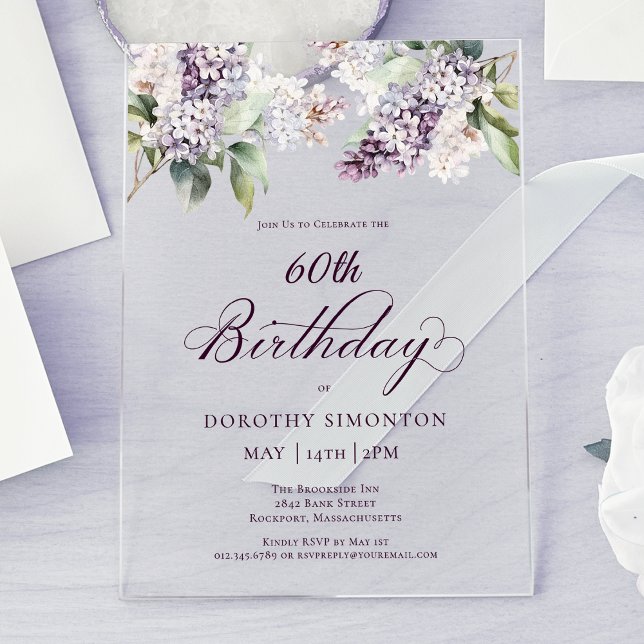60th Birthday Purple Spring Lilac Flower Acrylic Invitations (Creator Uploaded)