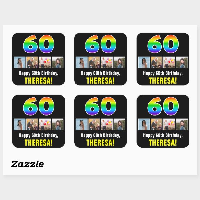 60th Birthday: Rainbow “60”; Custom Photos & Name Square Sticker (Sheet)