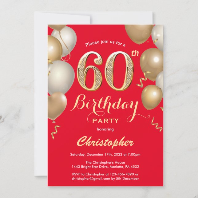 60th Birthday Red and Gold Balloons Confetti Invitation (Front)