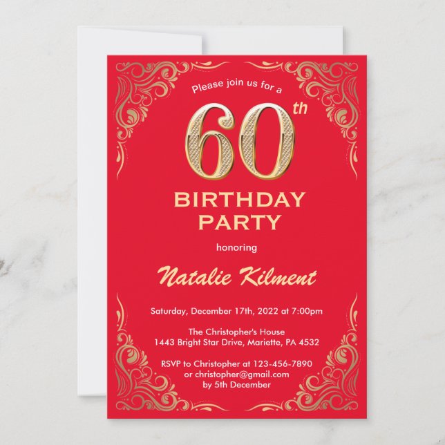 60th Birthday Red and Gold Glitter Frame Invitation (Front)