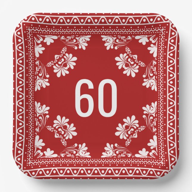 60th Birthday Red Bandanna Paper Plate (Front)