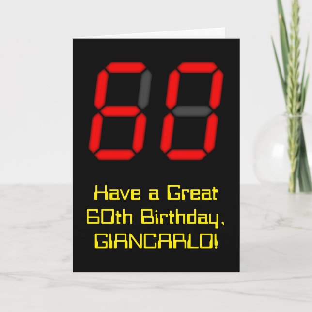 60th Birthday: Red Digital Clock Style "60" + Name Card (Front)