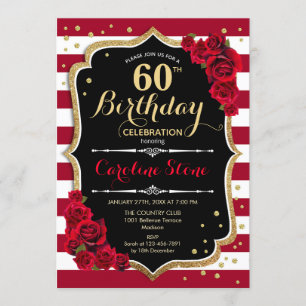 60th Birthday - Red Gold Black White Stripes Roses Invitation