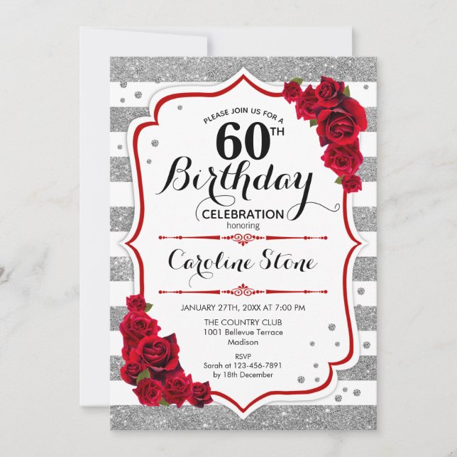 60th Birthday -  Red Silver White Stripes Roses Invitation (Front)