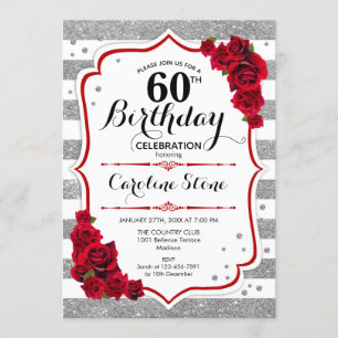 60th Birthday - Red Silver White Stripes Roses Invitation