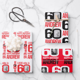 60th birthday red white look 60 custom photo name wrapping paper sheet