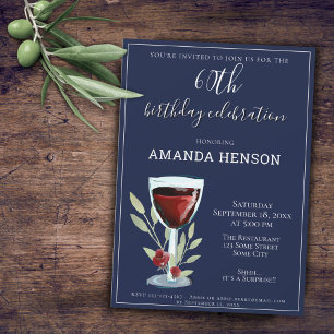 60th Birthday Red Wine Navy Blue Party Invitation