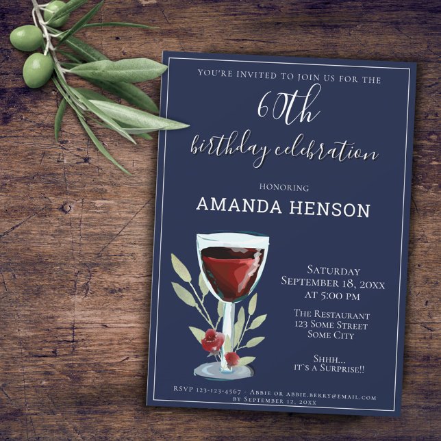 60th Birthday Red Wine Navy Blue Party Invitation (Creator Uploaded)