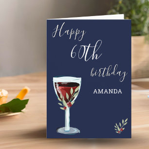 60th Birthday Red Wine Rose Watercolor Navy Blue Card