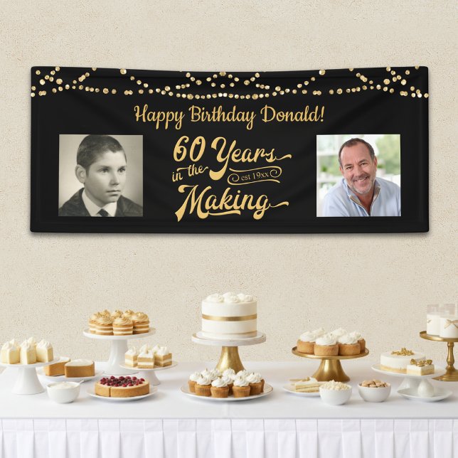 60th Birthday Retro Black Gold String Lights Photo Banner (Creator Uploaded)