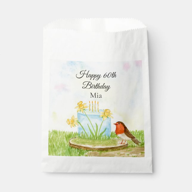 60th Birthday Robin with Daffodil Cake Favour Bag (Front)