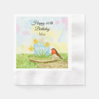 60th Birthday Robin with Daffodil Cake Napkin