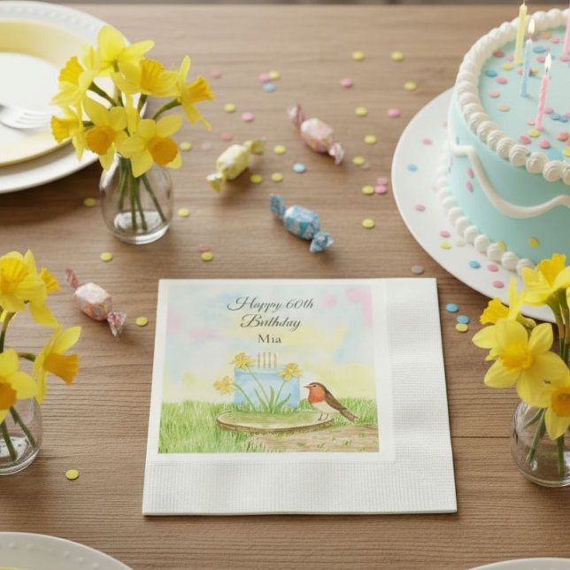 60th Birthday Robin with Daffodil Cake Napkin (Creator Uploaded)