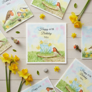 60th Birthday Robin with Daffodil Cake Napkin