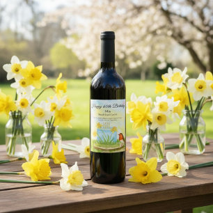 60th Birthday Robin with Daffodil Cake Wine Label