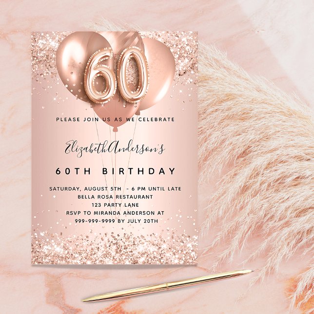 60th birthday rose gold balloons glamourous invitation (Creator Uploaded)