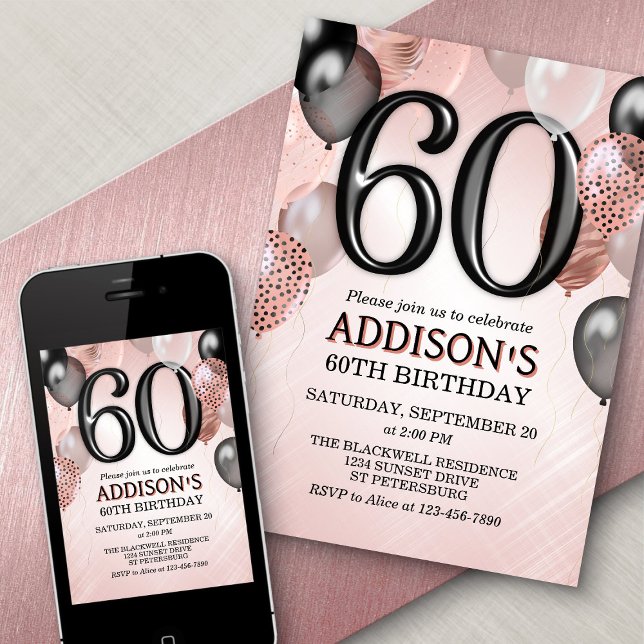 60th Birthday Rose Gold Balloons Invitation (Creator Uploaded)