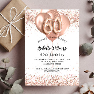 60th birthday rose gold balloons white invitation postcard